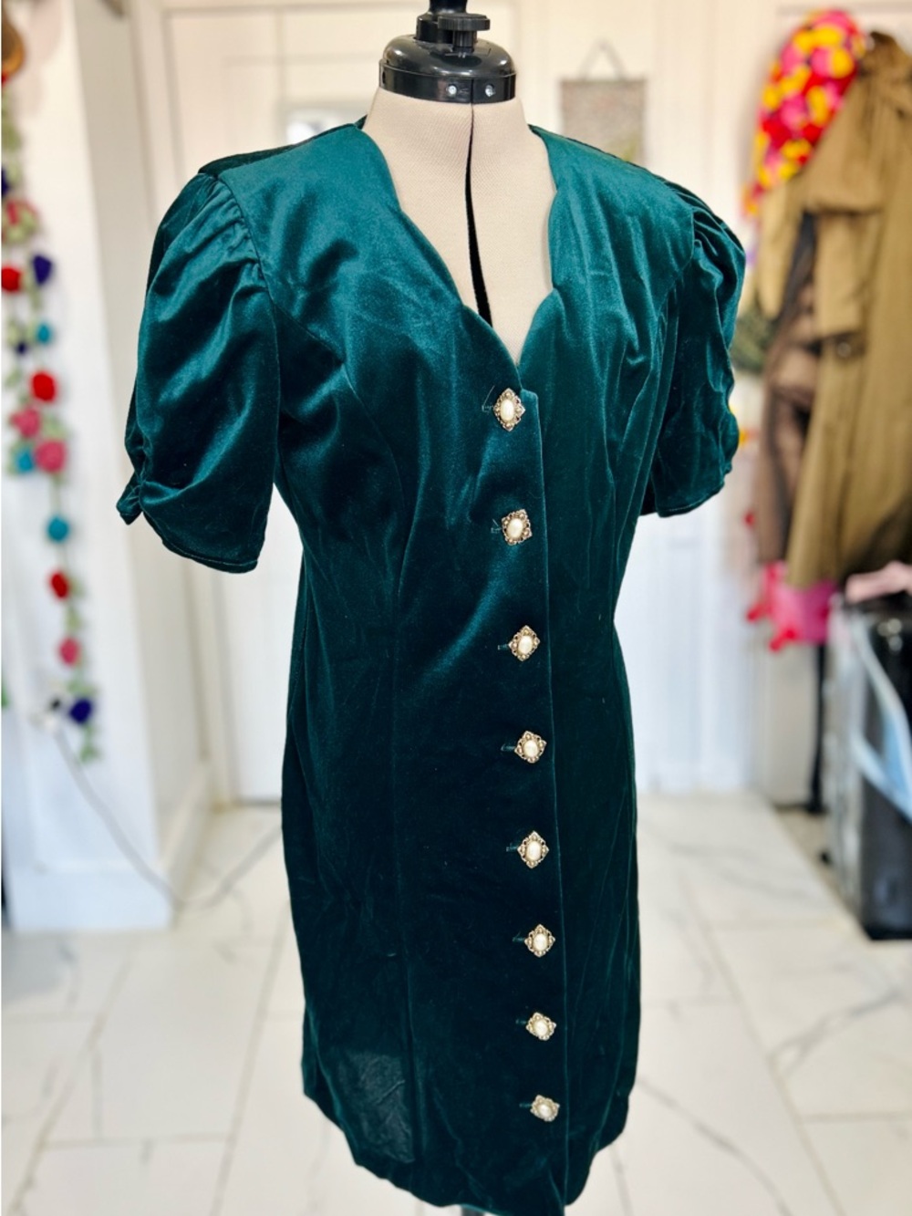 Vintage Green Velvet Button-Front Dress